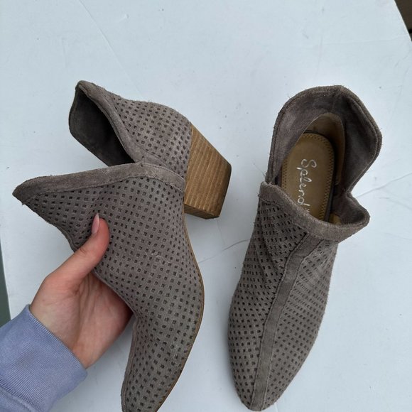 Splendid Split Side Ankle Boots Sz 8.5 Perforated Suede Leather Block Heels Grey - Picture 3 of 9